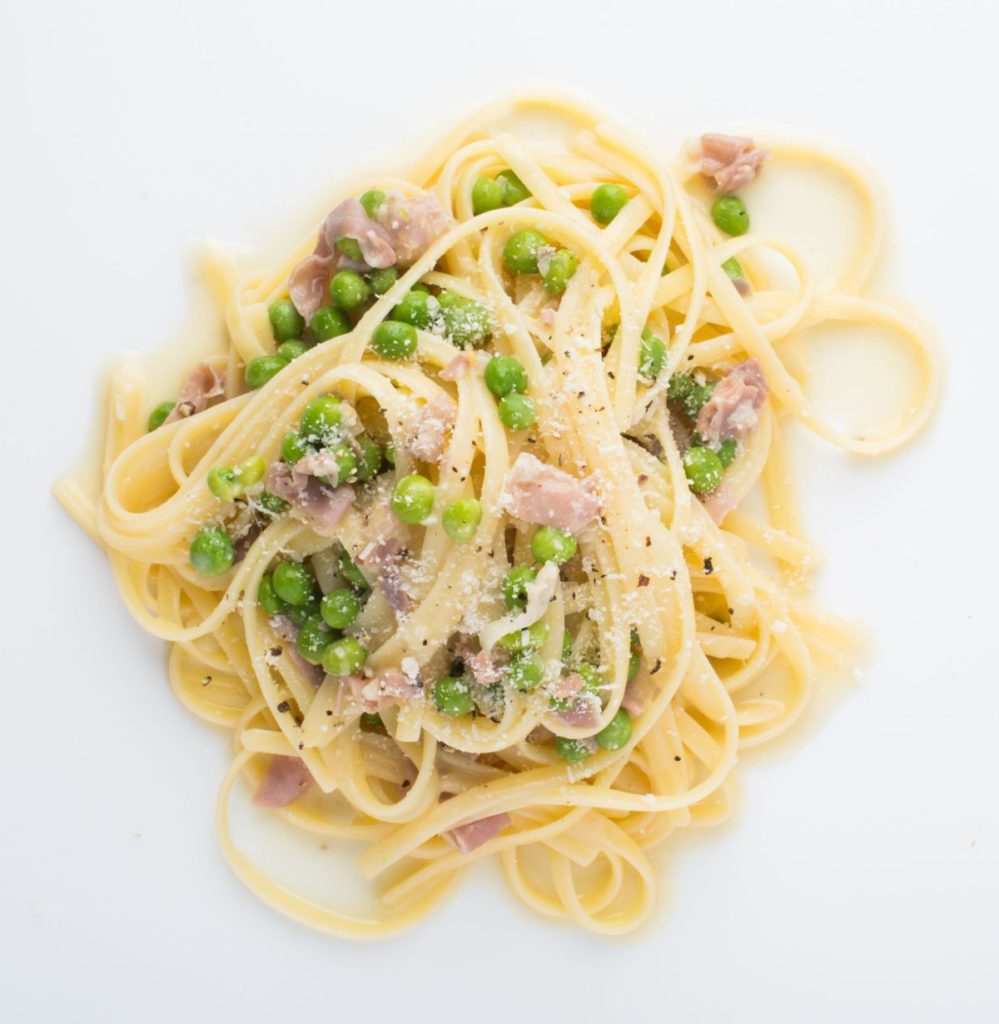 Gluten Free Pasta Dish with Prosciutto Cream and Peas