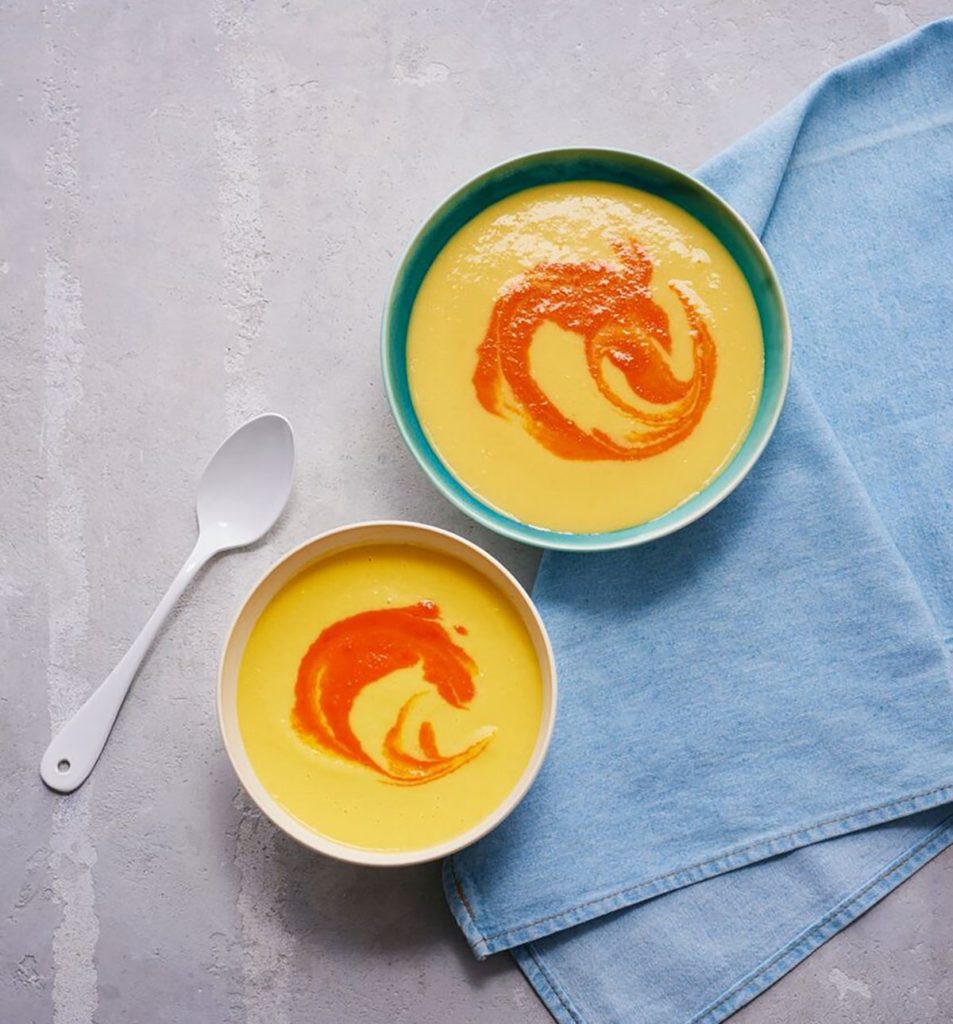 Chilled Sweet-Corn Soup with Red Bell Pepper Puree