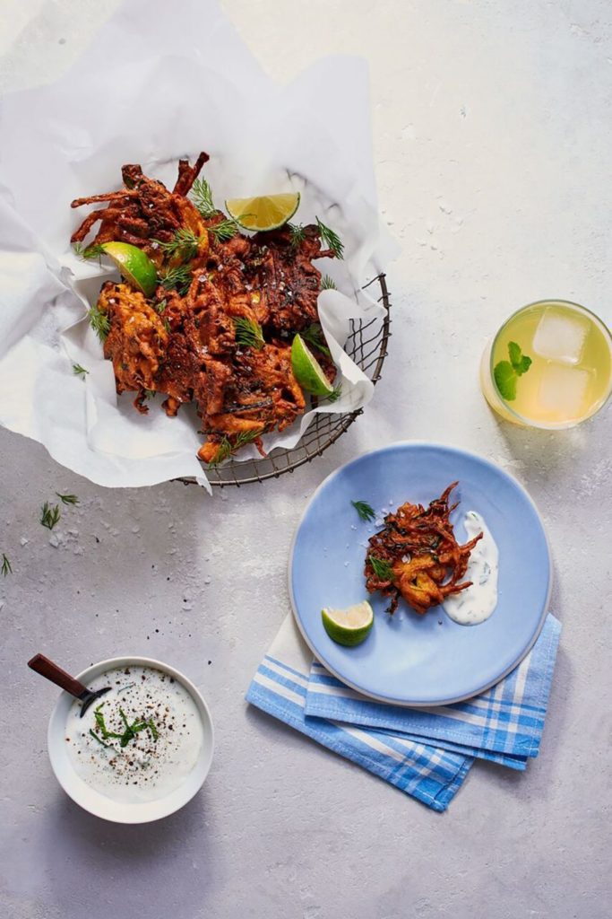 Gluten-Free Pakoras with Eggplant, Green Tomato, and  Cilantro-Mint Raita