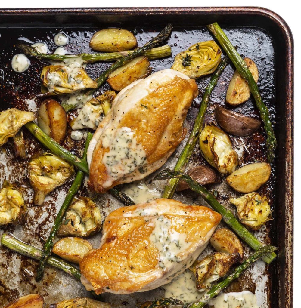 Sheet-Pan Chicken with Artichoke Hearts, Asparagus, and Lemon-Cream Sauce
