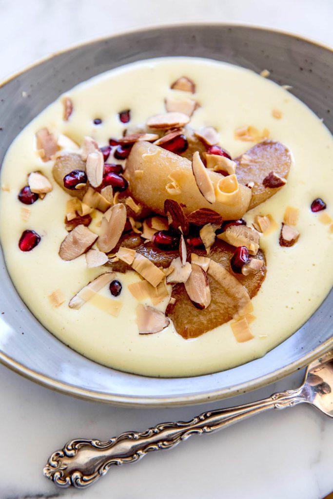 Caramelized Pears with Pomegranate, Almonds, and Champagne Sabayon Gluten-Free Recipe