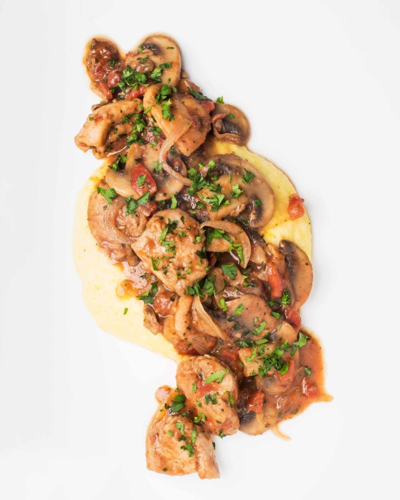 Chicken Chasseur with Polenta (Tomato-Wine Chicken Stew with Polenta)