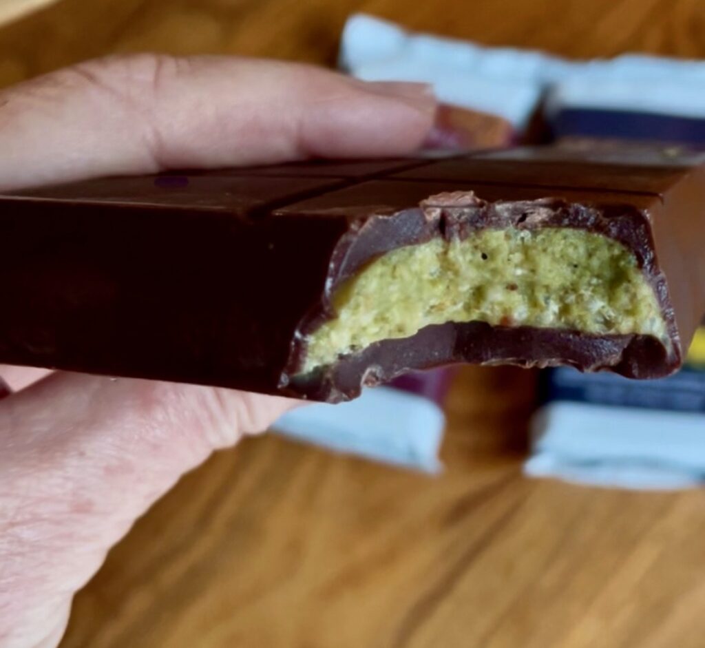 This is Davis Chocolate's gluten-free Dubai chocolate bar, dark chocolate flavor, which also happens to be vegan. 